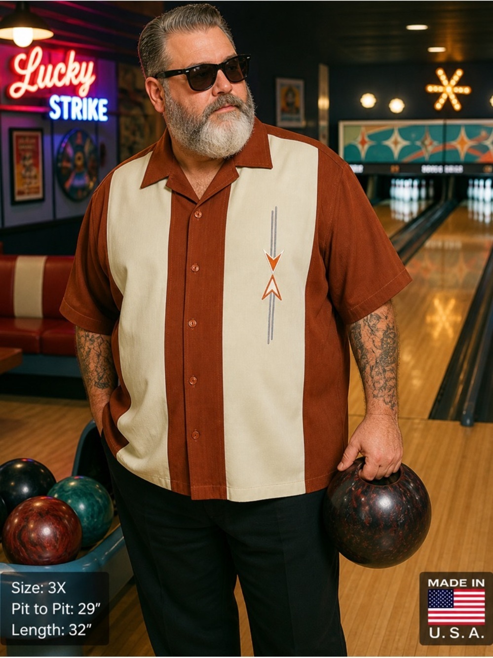 Lucky Paradise Bowling Shirt 3X Brown Cream Rockabilly Atomic Retro Camp USA